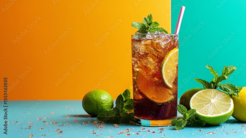 Poster a refreshing sparkling soda served in a tall glass with a straw, garnished with mint leaves and citr