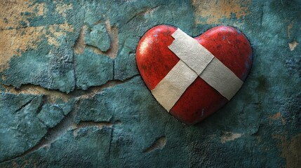 Red heart affixed to a cracked and peeling blue wall, mended with white bandages