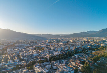 Aerial view of the city of Lijiang, Yunnan Province in the early morning