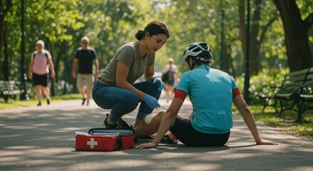 Person applying first aid to an injured cyclist in the park, emergency care concept, bright sunny day, real-life action scene