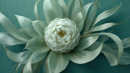 Close up of a delicate white flower with translucent pale green petals against a teal background