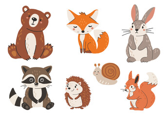 Wild animals set isolated, cute forest animals, kids vector, design for posters, stickers, banners