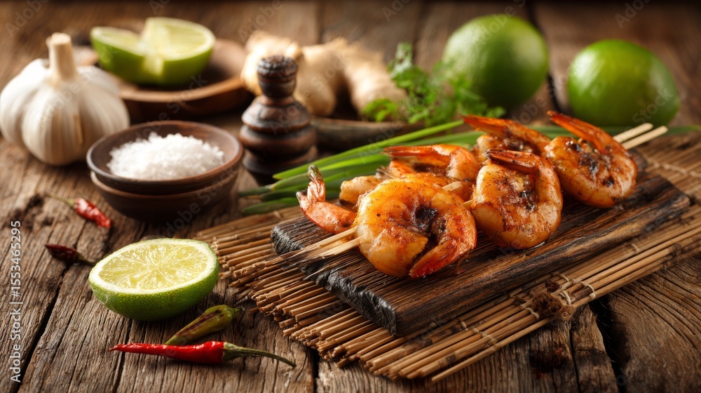 Poster a rustic setting with grilled prawns on a wooden skewer resting on a bamboo mat, with ingredients li