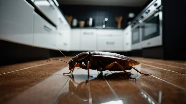 A cockroach found on the floor of a kitchen, useful for illustration or infographic about household pests