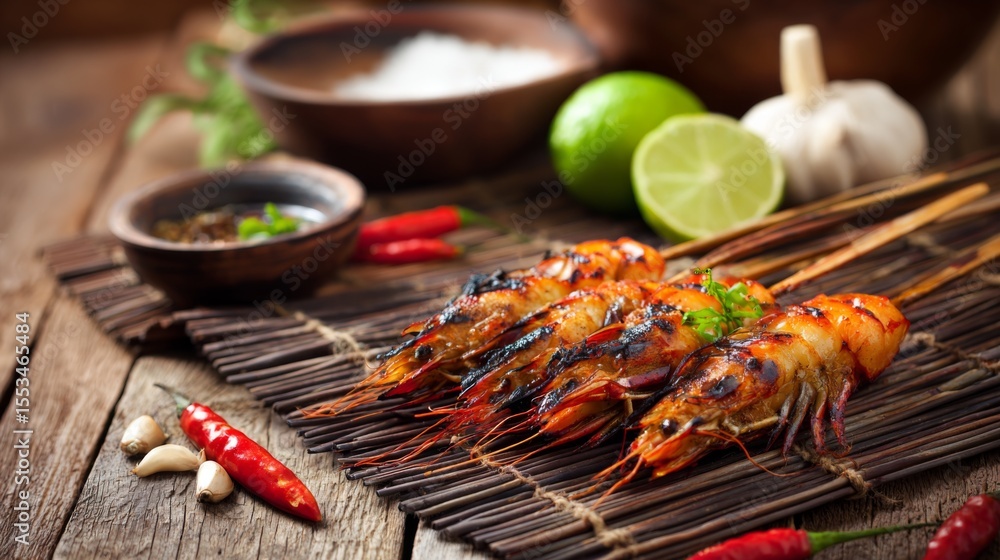 Aufkleber a rustic setting with grilled prawns on a wooden skewer resting on a bamboo mat, with ingredients li