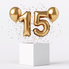 Golden Balloons with Number Fifteen for Celebration or Party