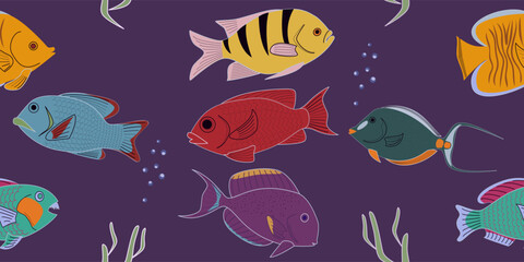 Seamless pattern fish hand drawn style. Vector illustration color fish on purple.
