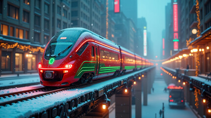 Fototapeta premium Modern Christmas Train on Snowy Elevated Track in Festive Cityscape with Holiday Lights and Snowfall