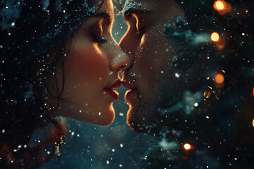 Romantic winter holiday kiss under mistletoe with couple in love during snowfall and Christmas decor, generative ai