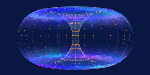 3D grid geometric color shape in blue cyberspace.  Digital concept scientific, technology and computing. Torus consisting of poligonales