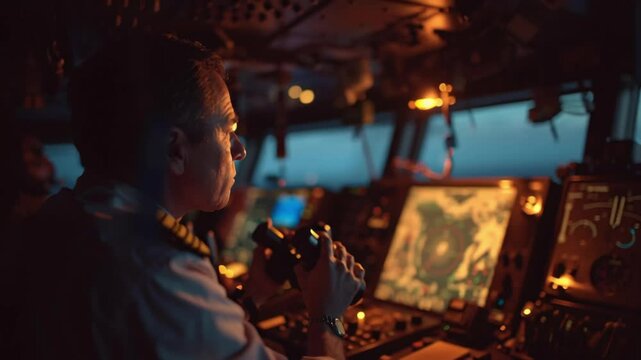 Ship captain looking through binoculars on the bridge, navigating at night with illuminated control panel and radar screens in the background, ensuring safe passage across the sea