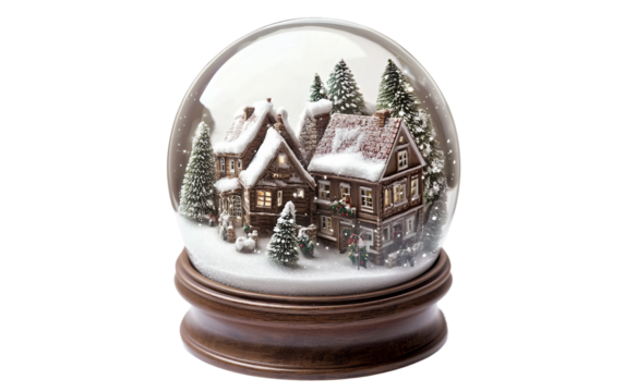 Delicate snow globe with a Christmas village enclosed in swirling snow portraying a peaceful winter wonderland full of festive spirit isolated on transparent background PNG - Powered by Adobe