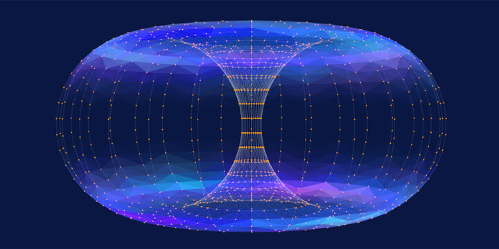 3D grid geometric color shape in blue cyberspace.  Digital concept scientific, technology and computing. Torus consisting of poligonales