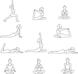 A set of line-art illustrations showcasing various yoga poses, including seated meditation, backbends, and prone stretches.