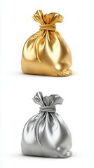 Golden and Silver Money Bag 3D Illustration on White Background