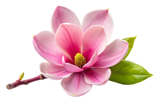 Pink magnolia flower with green leaves and branch on black background isolated on a transparent background
