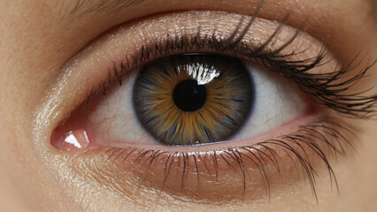 Naklejka premium Close-up of a human eye with dark golden iris, moist skin texture, and prominent eyelashes. Ideal for medical or beauty themes