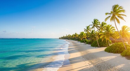Tropical sandy ocean beach with palm trees vintage toned with film distress flare, beautiful scenery 