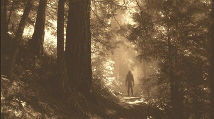 old worn vintage sepia toned polaroid photo of black silhouette of bigfoot or yeti
