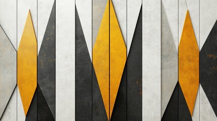 Abstract arrangement of geometric shapes in yellow, gray, and white tones on a wall