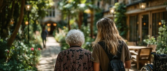 Two women walking together in a charming garden path. The older woman's hair is short and gray, while the younger woman has long blonde hair.  They seem to be enjoying a peaceful stroll.