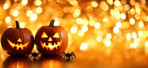Spooky Halloween Pumpkins with Bright Smiles and Glowing Lights
