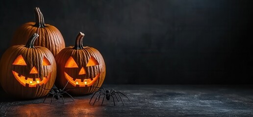 Spooky Halloween Pumpkins with Candles and Black Spiders on Table