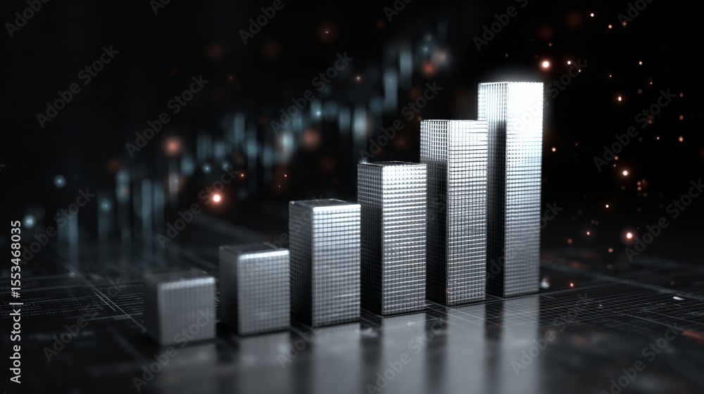 Poster A set of metallic D bars in a financial chart rising steadily in height, with a dark, futuristic background and glowing digital data points floating around