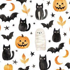 Halloween Pattern with Cats, Bats, Pumpkins, and Leaves