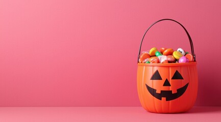 Bright Orange Halloween Candy Bucket with Colorful Sweets Inside