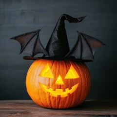 Spooky Halloween Pumpkin with Witch Hat and Bat Wings Decoration