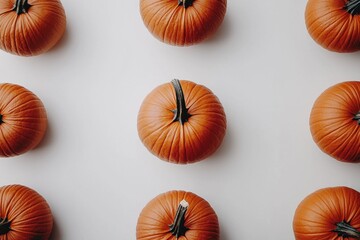 Rows of Bright Orange Pumpkins on a Light Background for Autumn