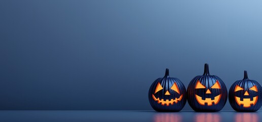 Three Glowing Halloween Pumpkins on Simple Blue Background