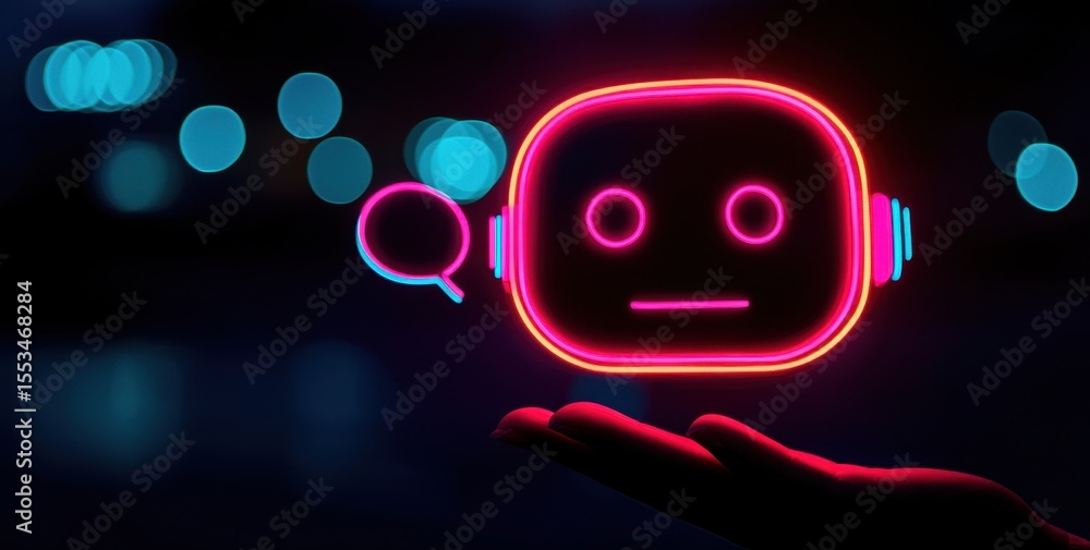 Poster neon robot icon representing artificial intelligence and technology