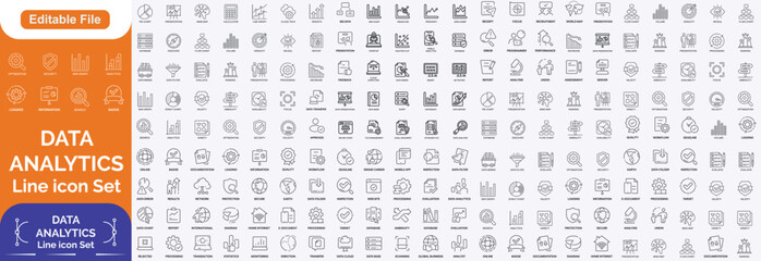 Data analytics icon set. Containing data analysis, data mining, global data, monitoring, data processing, big data, data visualisation and more. Outline vector icons collection. Line icon set