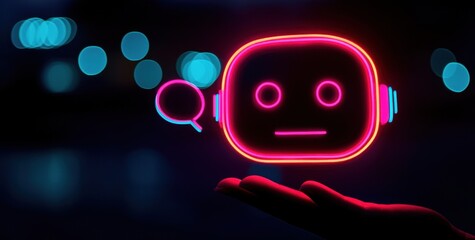 Neon Robot Icon Representing Artificial Intelligence and Technology
