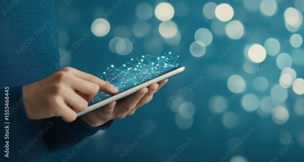 Poster touchscreen tablet interaction with abstract digital connections