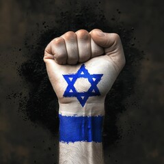 Hand with fist raised and blue Magen David on wrist in dark background