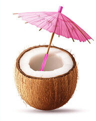 Isolated white background young coconut with straw and decorative pink umbrella