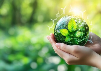 Hands Holding a Green Globe with Leaves and Sustainability Symbols