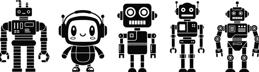 Cute and Futuristic Robot Vector Set, AI Technology, Android Characters, Science Fiction, Modern Innovation, Digital Assistants, Machine Learning, Robotics Collection, Industrial Automation Icons
