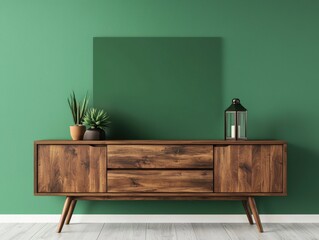 Modern Wooden Cabinet with Green Wall and Decorative Plants