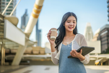 A joyful asian young business woman takes a moment to relax, savoring her coffee while engaging with a tablet. The lively city backdrop adds energy to her break on a bright day.