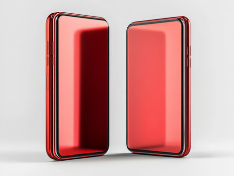 Red foldable phone mockup with glossy glass finish, displayed side-by-side in closed and unfolded states