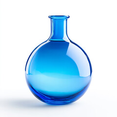 Round bottom laboratory flask filled with vibrant blue liquid, isolated on pure white background