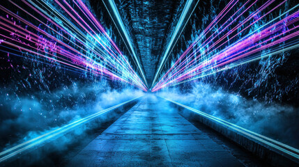 Abstract tunnel with vibrant neon lights and futuristic atmosphere, leading to the vanishing point.