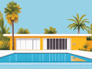 Modern minimalist house with swimming pool and tropical palms