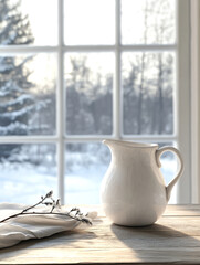 Simple white ceramic pitcher on rustic table by a large window overlooking snow-covered landscape, cold winter morning light