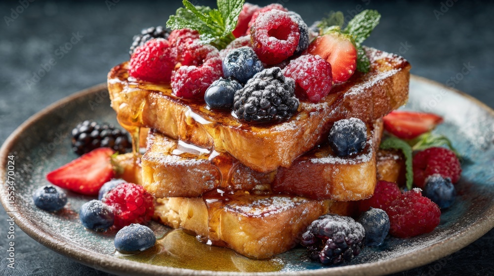 Poster A stack of French toast slices dusted with powdered sugar and topped with fresh berries and a drizzle of maple syrup, served on a rustic ceramic plate.