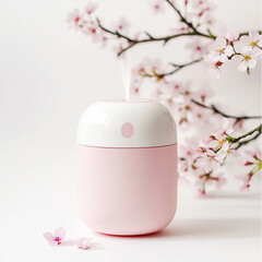 Stylish compact humidifier in pink and white tones, with cherry blossoms delicately placed around it, serene and fresh vibe, product photography style